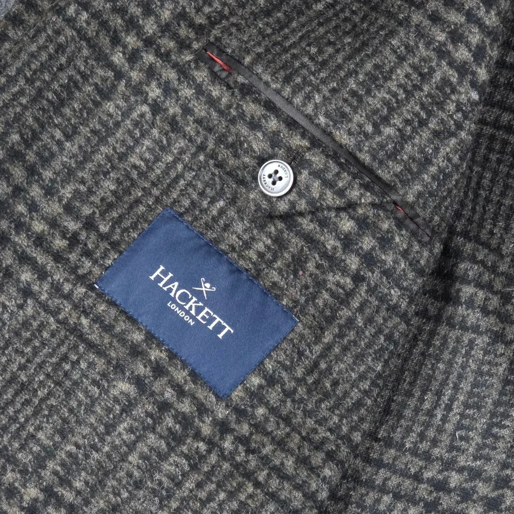 Hackett London Tweed  Pea Coat Mens 36R Dark Brown Glen Check Wool Blend Luxury